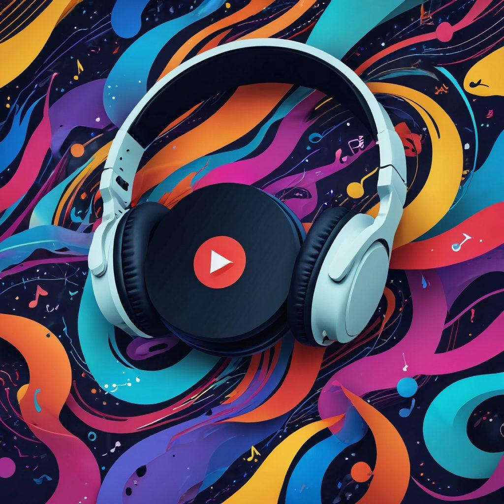 A vibrant and colorful illustration of a digital space filled with musical notes and waves flowing in sync with a variety of playlists on a YouTube interface. Feature headphones, a smartphone showcasing the YouTube app, and abstract representations of diverse music genres like jazz, rock, and electronic. Incorporate a playful, energetic atmosphere with swirling colors and sound visualizations in the background. vector art. vibrant colors. 3D elements.