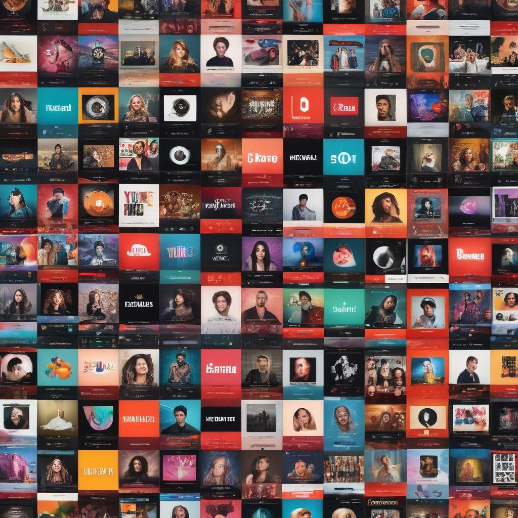 A vibrant collage showcasing a variety of YouTube Music elements: dynamic playlists filled with musical notes, trending artist profiles with their album covers, and an array of genres represented by colorful icons. The background features sound wave patterns and diverse listeners enjoying music on their devices. Include energetic lighting and a modern aesthetic to evoke excitement. super-realistic. vibrant colors. 3D.