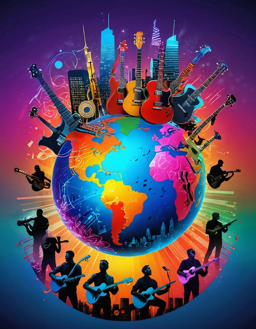 A vibrant collage of diverse musicians performing with colorful instruments, surrounded by a glowing YouTube logo and visual sound waves. Include elements representing various music genres like folk, rock, hip-hop, and electronic, intertwined with artistic creativity and light. The background has a dynamic cityscape at dusk, symbolizing the global reach of music. super-realistic. vibrant colors. 3D.